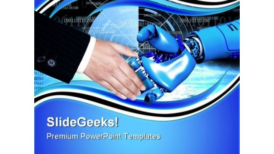 Handshake With Robot Communication PowerPoint Themes And PowerPoint Slides 0711 Handshake With Robot Communication PowerPoint Themes And PowerPoint Slides 0711