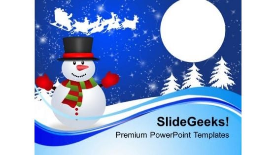 Happy Snowman Waving To Santa Sleigh Holidays PowerPoint Templates Ppt Backgrounds For Slides 1112