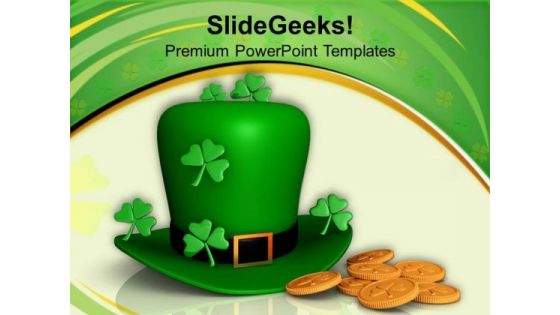 Hat And Shamrocks With Gold Coins Patricks Day PowerPoint Templates Ppt Backgrounds For Slides 0313