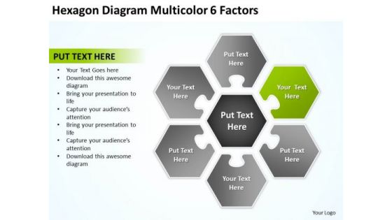 Hexagon Diagram Multicolor 6 Factors Business Plan PowerPoint Slides