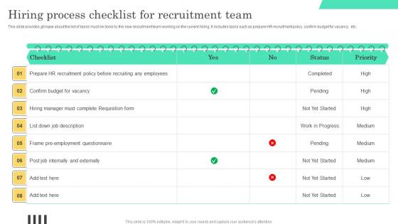 Hiring Process Checklist For Implementable Hiring And Selection Information Pdf