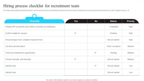 Hiring Process Checklist For Recruitment Team Enhancing Workforce Productivity Introduction Pdf