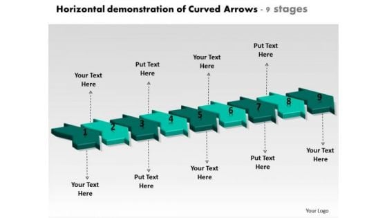 Horizontal Demonstration Of Curved Arrows 9 Stages Flow Diagram PowerPoint Templates