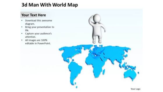 How To Draw Business Process Diagram 3d Man With World Map PowerPoint Slides