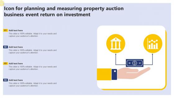 Icon For Planning And Measuring Property Auction Business Event Return On Investment Slides Pdf