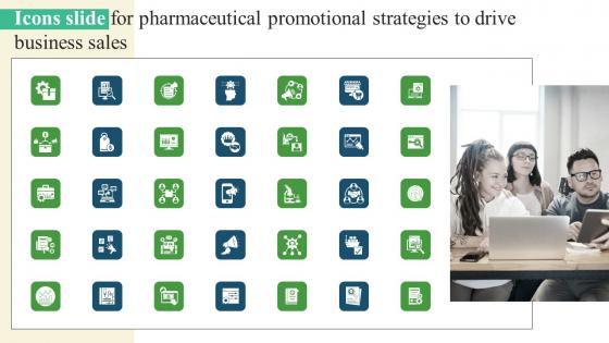 Icons Slide For Pharmaceutical Promotional Strategies To Drive Business Sales Portrait Pdf
