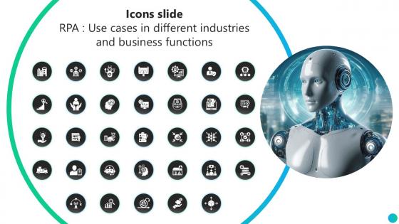 Icons Slide RPA Use Cases In Different Industries And Business PPT Template AI SS V