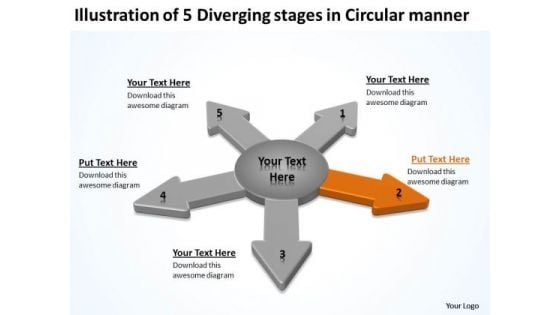 Illustration Of 5 Diverging Stages Circular Manner Gear Chart PowerPoint Slides