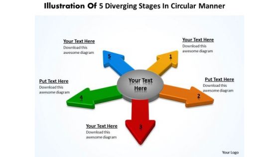 Illustration Of 5 Diverging Stages Circular Manner Pie Network PowerPoint Templates