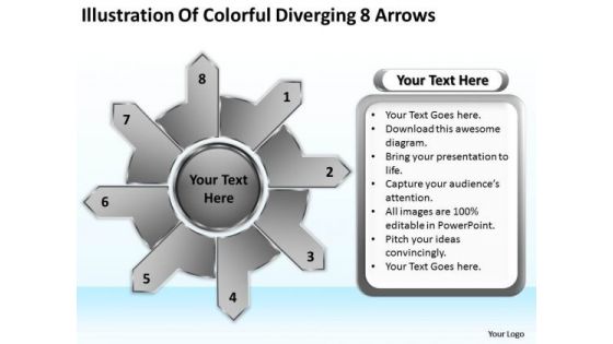 Illustration Of Colorful Diverging 8 Arrows Circular Flow Spoke Diagram PowerPoint Slides