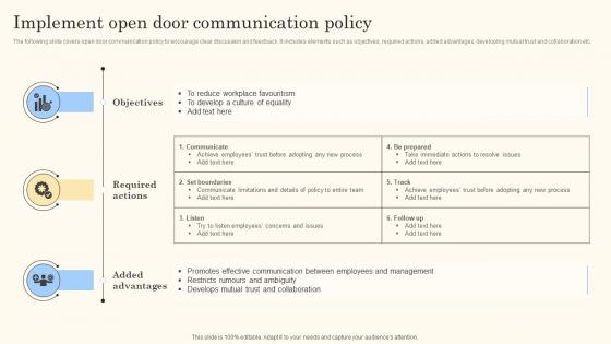Implement Open Door Communication Policy Action Steps For Employee Engagement Formats Pdf