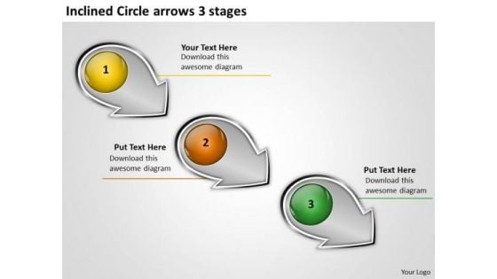 Inclined Circle Arrows 3 Stages Flow Chart Slides PowerPoint