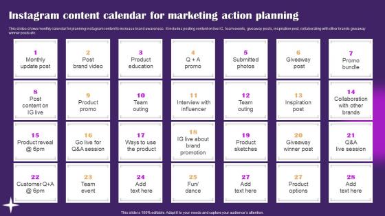 Instagram Content Calendar For Marketing Action Planning Ppt Professional Outline pdf