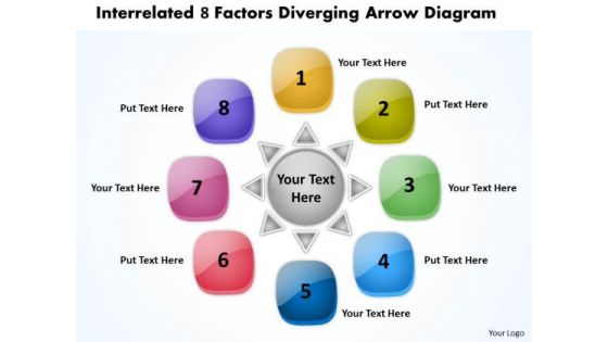 Interrelated 8 Factors Diverging Arrow Diagram Pie Network PowerPoint Templates
