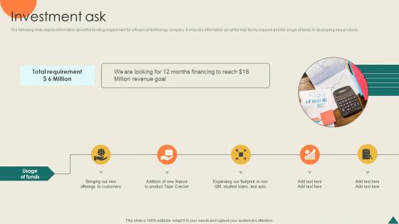 Investment Ask Financial Analytics Platform Investor Elevator Pitch Deck