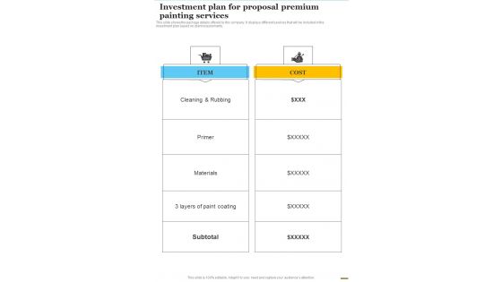 Investment Plan For Proposal Premium Painting Services One Pager Sample Example Document