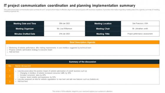 IT Project Communication Coordination And Planning Implementation Summary Demonstration Pdf