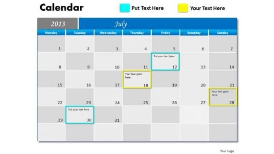 July 2013 Calendar PowerPoint Slides Ppt Templates