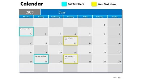 June 2013 Calendar PowerPoint Slides Ppt Templates