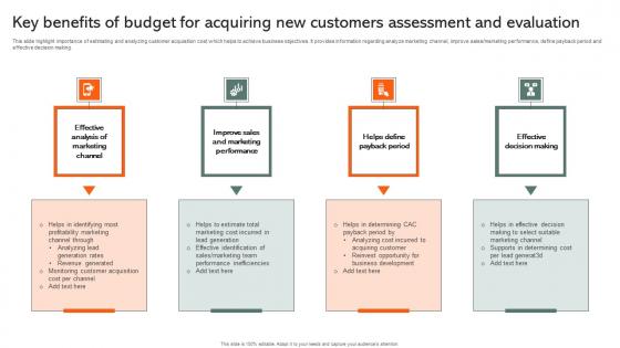 Key Benefits Of Budget For Acquiring New Customers Assessment And Evaluation Introduction Pdf