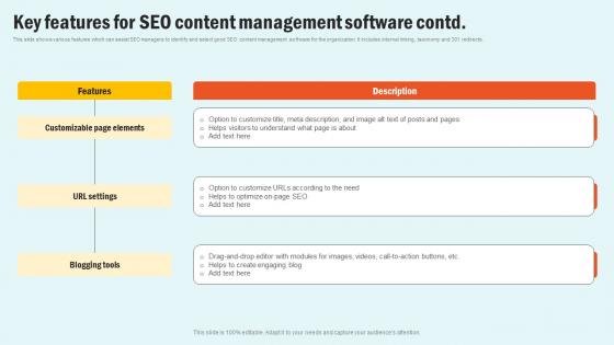 Key Features For SEO Content Enhancing Website Performance With Search Engine Content Icons Pdf