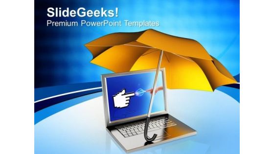 Laptop Under Orange Umbrella PowerPoint Templates Ppt Backgrounds For Slides 0113