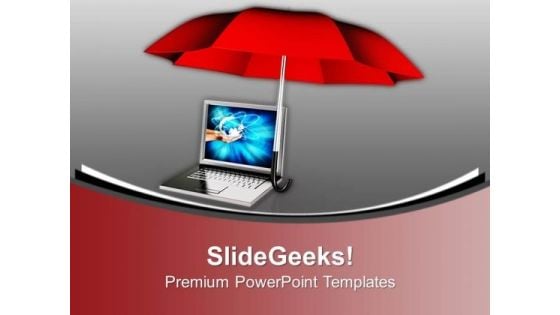 Laptop Under Umbrella Security PowerPoint Templates Ppt Backgrounds For Slides 0113