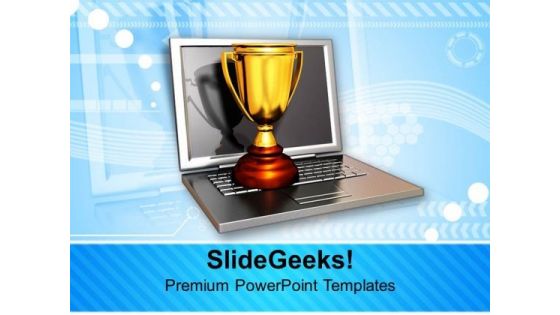 Laptop With Golden Trophy Computer PowerPoint Templates Ppt Backgrounds For Slides 0213