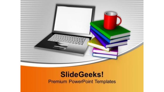 Laptop With Stack Of Books And Mug PowerPoint Templates Ppt Backgrounds For Slides 0213