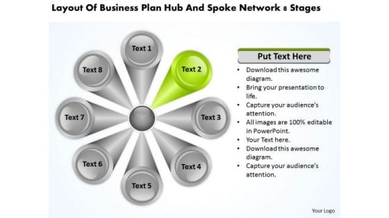 Layout Of Business Plan Hub And Spoke Network 8 Stages Plans PowerPoint Slides