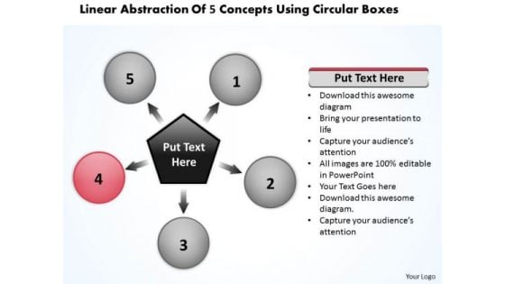 Linear Abstraction Of 5 Concepts Using Circular Boxes Ppt Charts And PowerPoint Slides