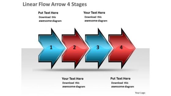 Linear Flow Arrow 4 Stages Chart Slides PowerPoint