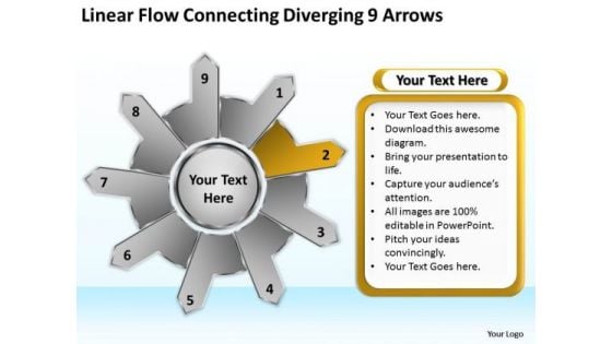 Linear Flow Connecting Diverging 9 Arrows Business Circular Spoke Network PowerPoint Slides