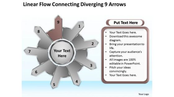 Linear Flow Connecting Diverging 9 Arrows Business Gear Process PowerPoint Templates