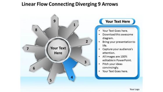 Linear Flow Connecting Diverging 9 Arrows Chart Circular Spoke Network PowerPoint Slides