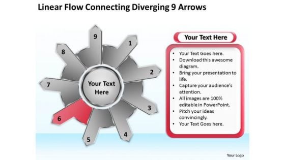 Linear Flow Connecting Diverging 9 Arrows Circular Process Chart PowerPoint Templates