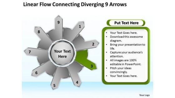 Linear Flow Connecting Diverging 9 Arrows Circular Spoke Network PowerPoint Slides