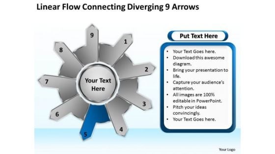 Linear Flow Connecting Diverging 9 Arrows Cycle Circular Spoke Network PowerPoint Slides