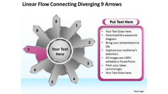 Linear Flow Connecting Diverging 9 Arrows Flow Circular Process Chart PowerPoint Templates