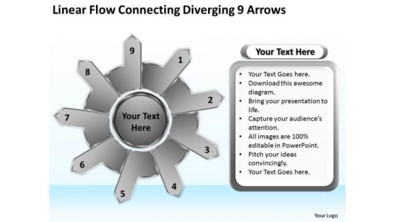 Linear Flow Connecting Diverging 9 Arrows Gear Process PowerPoint Templates