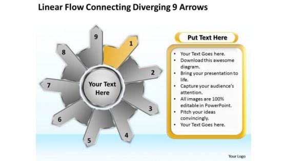 Linear Flow Connecting Diverging 9 Arrows Ppt Gear Process PowerPoint Templates