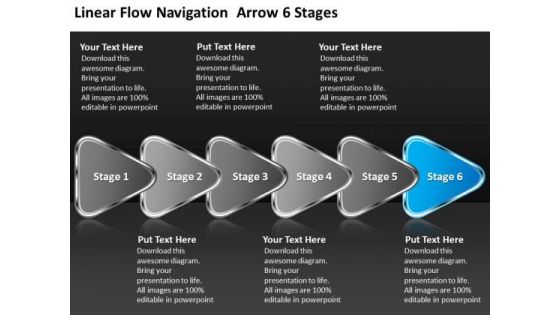 Linear Flow Navigation Arrow 6 Stages Ppt Open Source Flowchart PowerPoint Templates