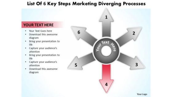 List Of 6 Key Steps Marketing Diverging Processes Circular Chart PowerPoint Slides