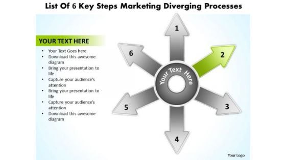 List Of 6 Key Steps Marketing Diverging Processes Circular Spoke Chart PowerPoint Templates