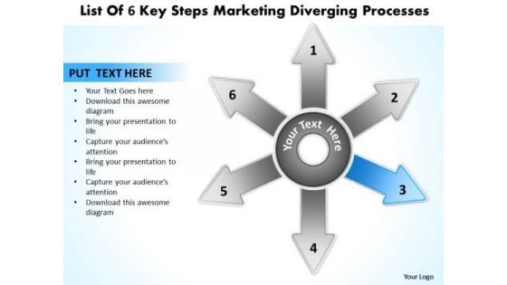 List Of 6 Key Steps Marketing Diverging Processes Radial Diagram PowerPoint Slides