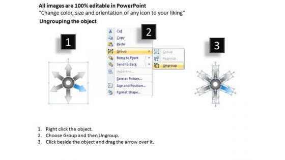 List Of 6 Key Steps Marketing Diverging Processes Radial Diagram PowerPoint Slides