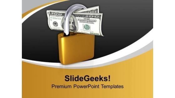 Lock With Money Protect Us Dollar Finance PowerPoint Templates And PowerPoint Themes 1112