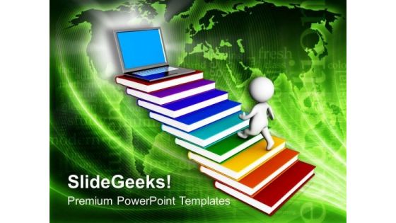 Man On Books Reaching Laptop PowerPoint Templates Ppt Backgrounds For Slides 0213