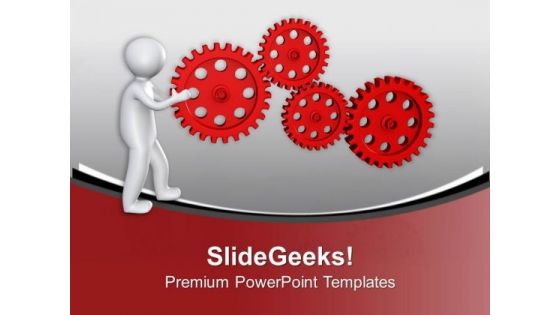 Man Pushing Red Gears PowerPoint Templates Ppt Backgrounds For Slides 0713