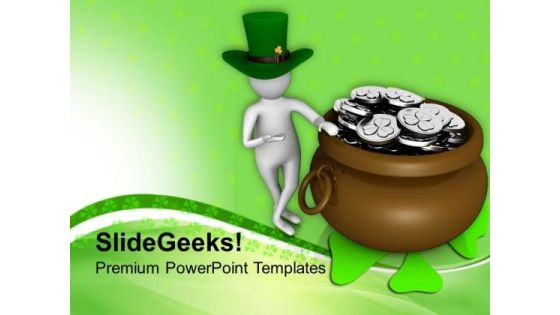 Man Showing A Big Coines Pot Saint Patrick PowerPoint Templates Ppt Backgrounds For Slides 0313